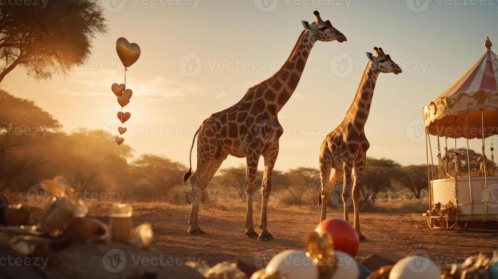 Two giraffes stand near a carousel in a serene landscape at sunset. photo