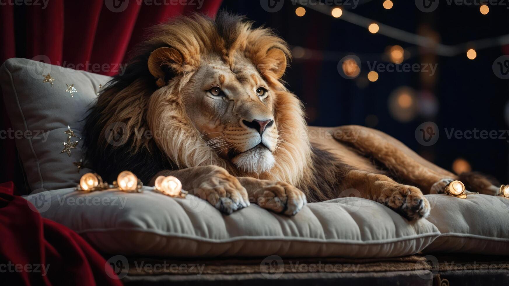 A majestic lion lounging on a plush couch surrounded by soft lights. photo