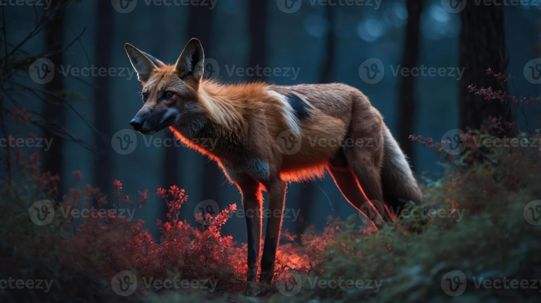 A striking maned wolf stands in a dim forest, illuminated by soft, warm light. photo