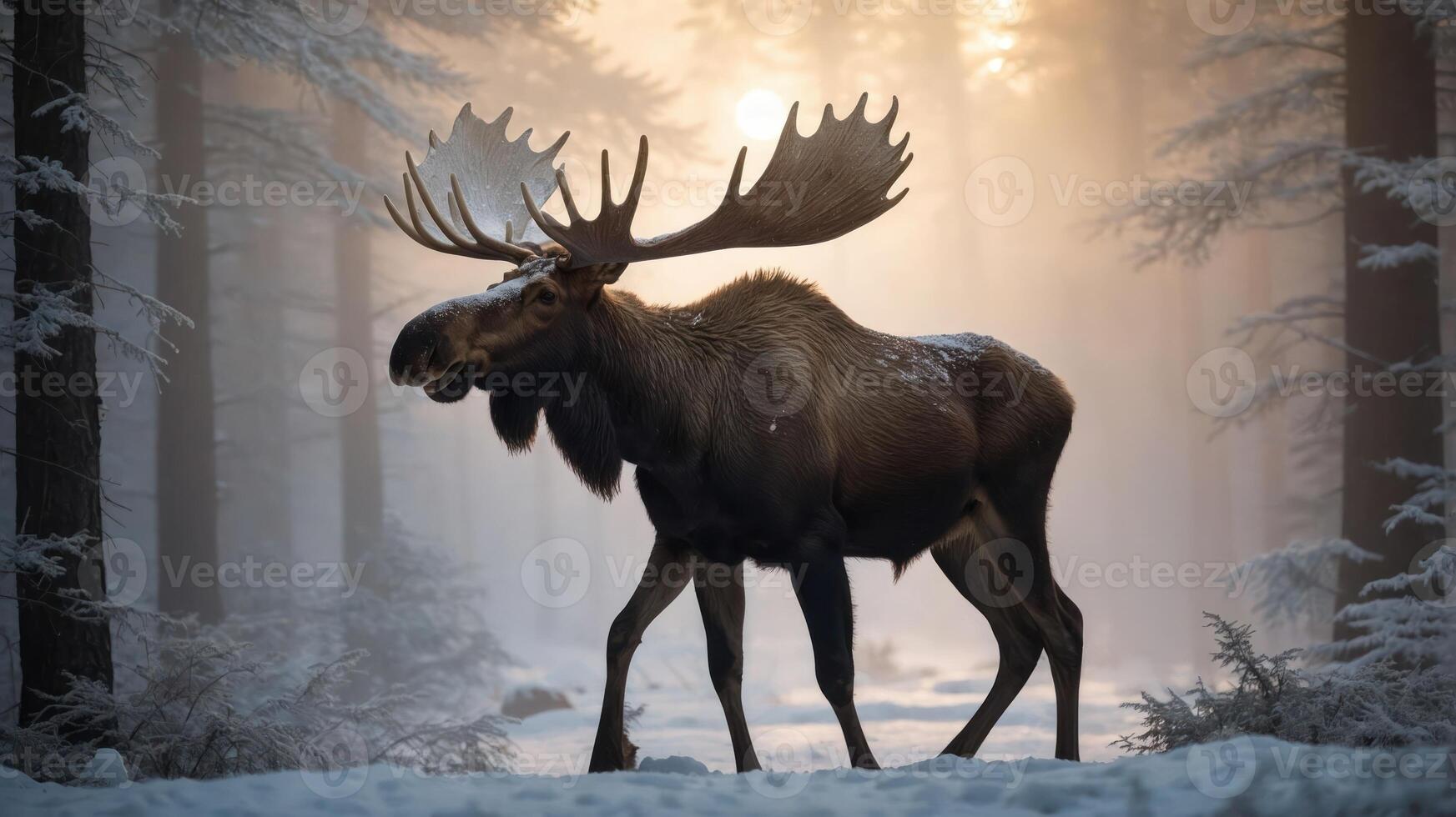 A majestic moose walks through a misty forest at dawn, surrounded by snow-covered trees. photo