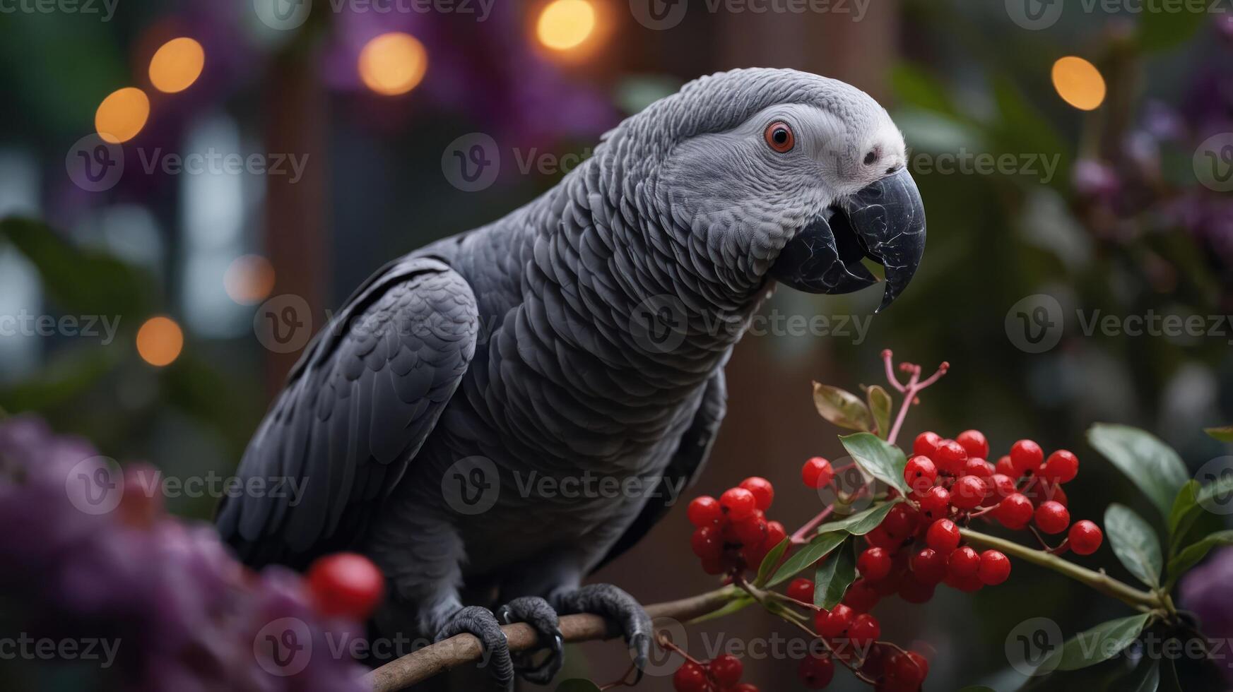 A gray parrot perched on a branch with red berries, surrounded by a lush, colorful background. photo