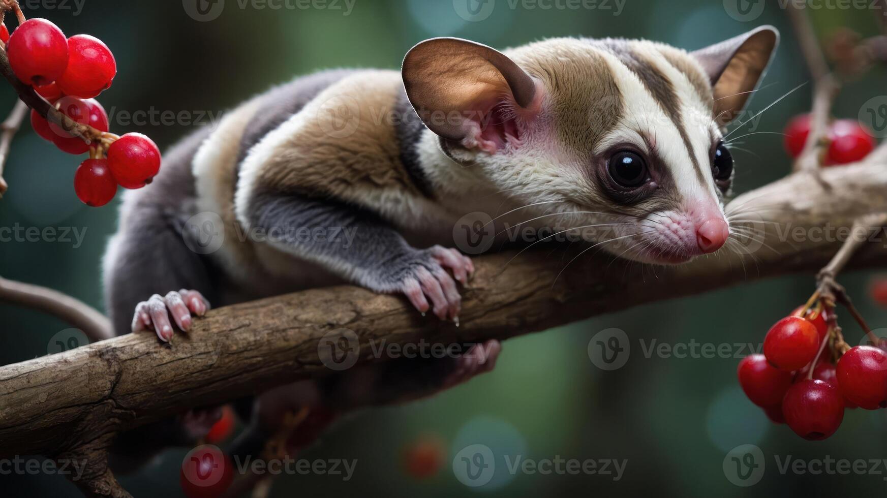 A close-up of a sugar glider perched on a branch with vibrant red berries in a lush setting. photo
