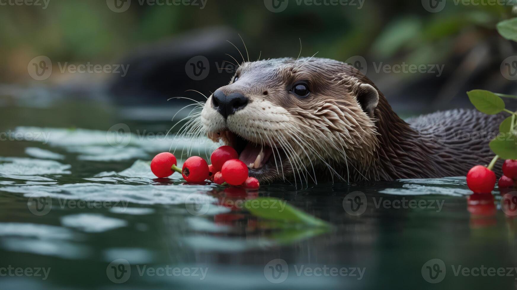 An otter enjoying red berries while swimming in a serene body of water. photo