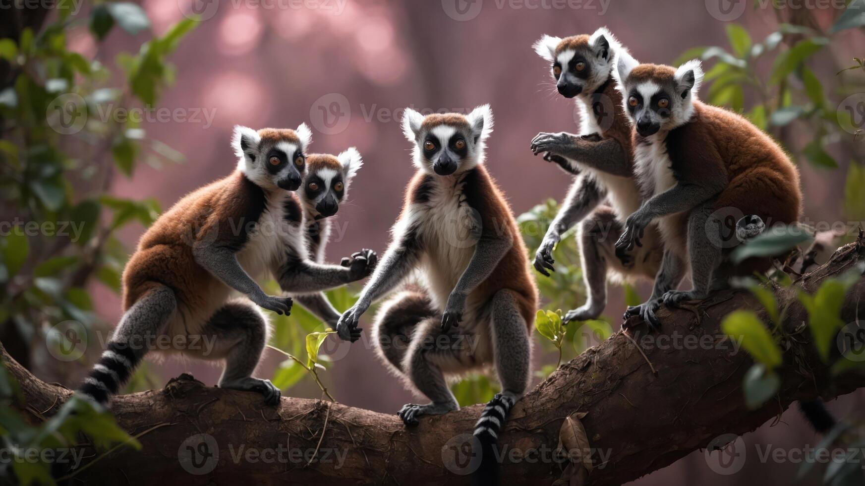 A group of five lemurs perched on a branch in a lush, colorful environment. photo