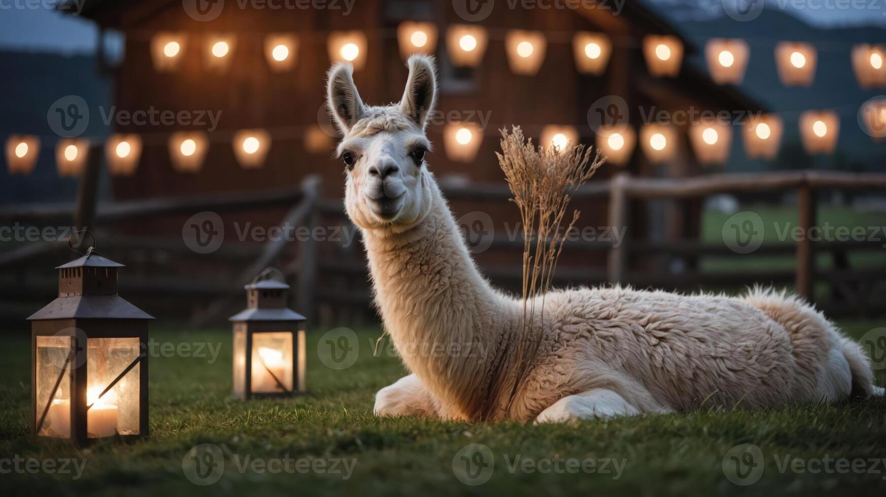 A serene llama resting in a grassy area, illuminated by lanterns and string lights at dusk. photo