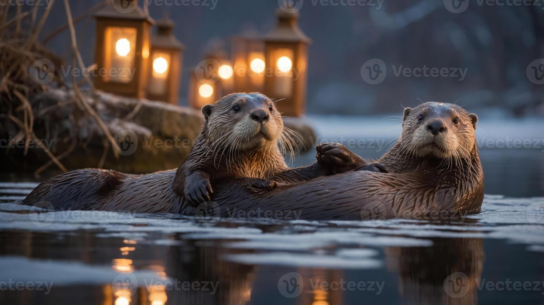 Two otters playfully interacting in a serene water setting with glowing lanterns. photo