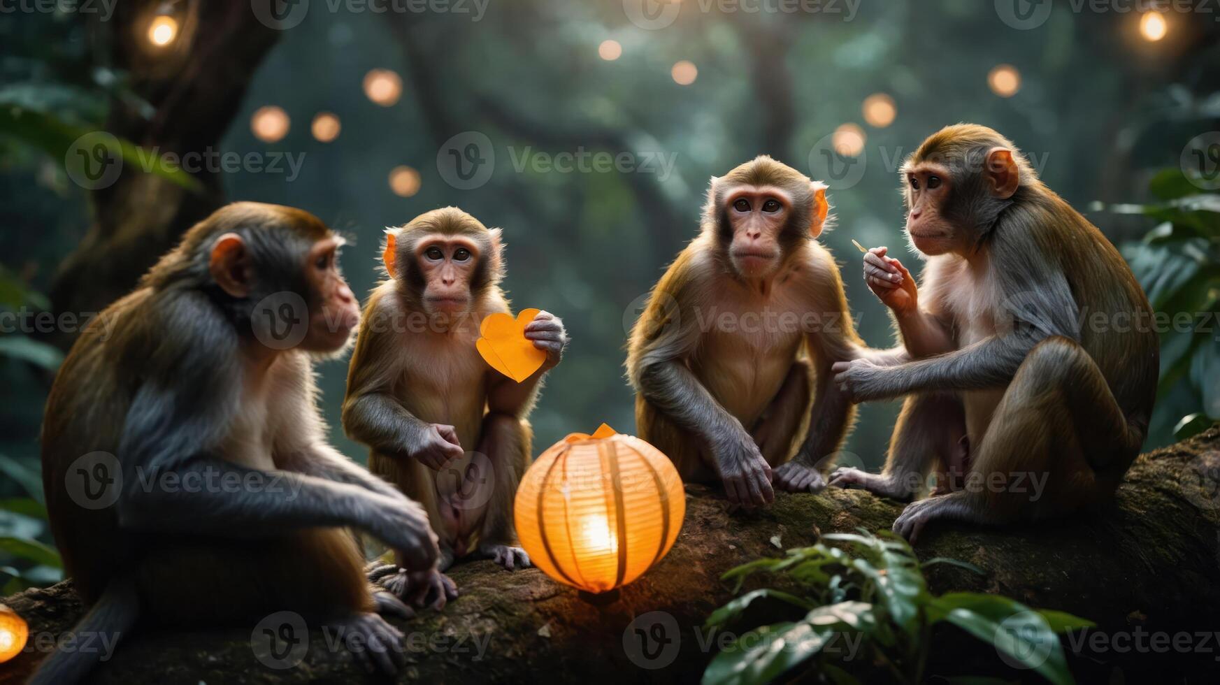 Four monkeys gathered around a glowing lantern in a lush forest setting. photo