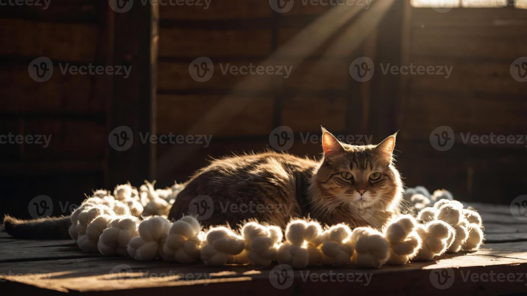 A cat resting peacefully surrounded by soft white objects in a sunlit barn. photo