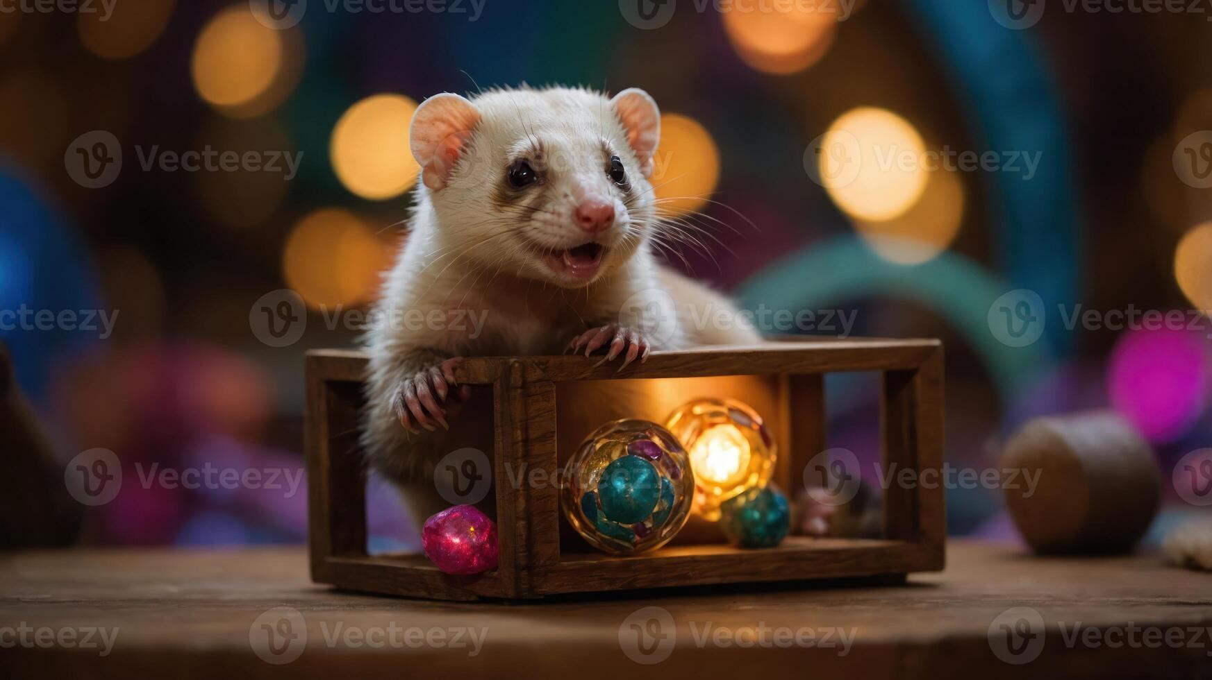 A playful ferret sitting inside a wooden box with colorful decorations and lights. photo