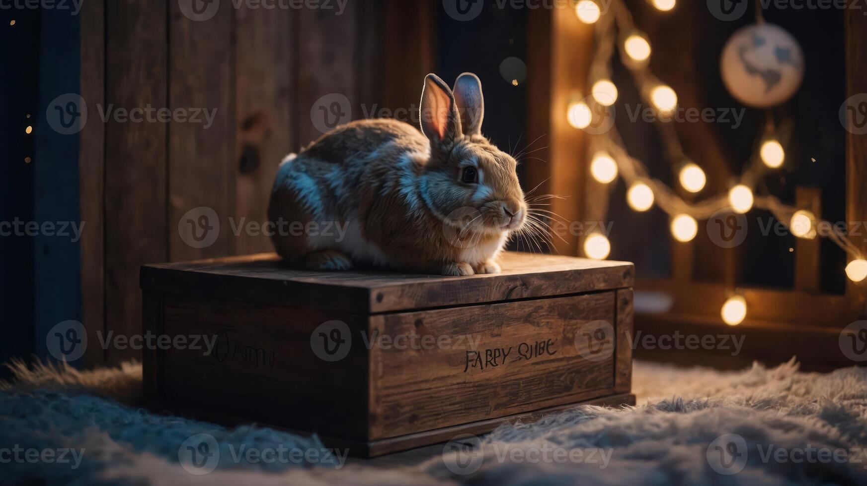 A rabbit resting on a wooden box surrounded by soft lighting and a cozy atmosphere. photo