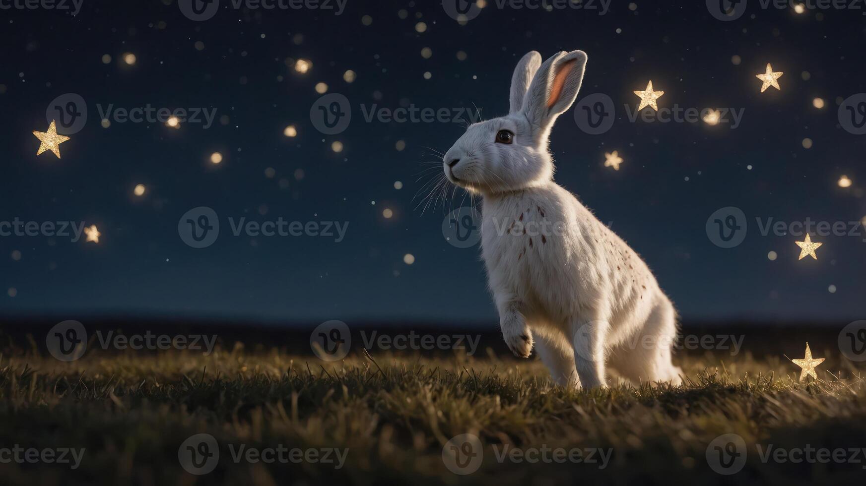 A whimsical scene featuring a rabbit surrounded by stars in a night sky. photo