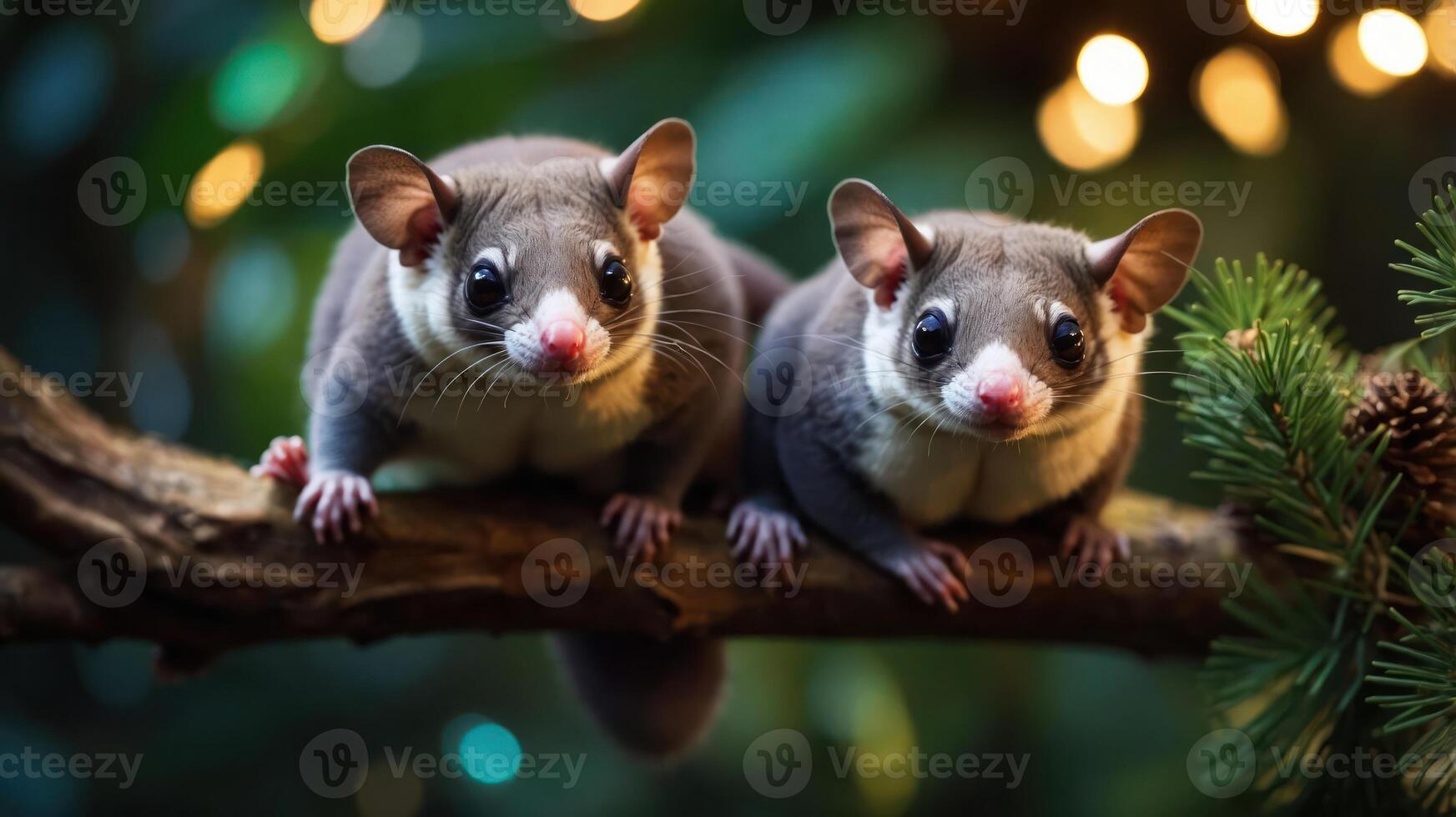 Two adorable sugar gliders perched on a branch amidst a lush background. photo