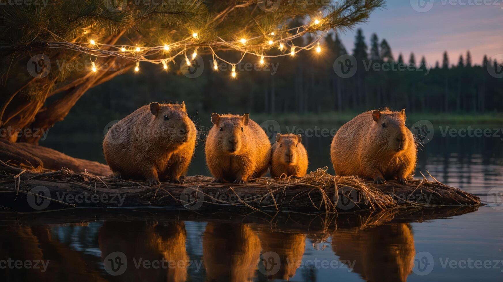 Four capybaras gathered on a log by a serene lake, illuminated by string lights at dusk. photo