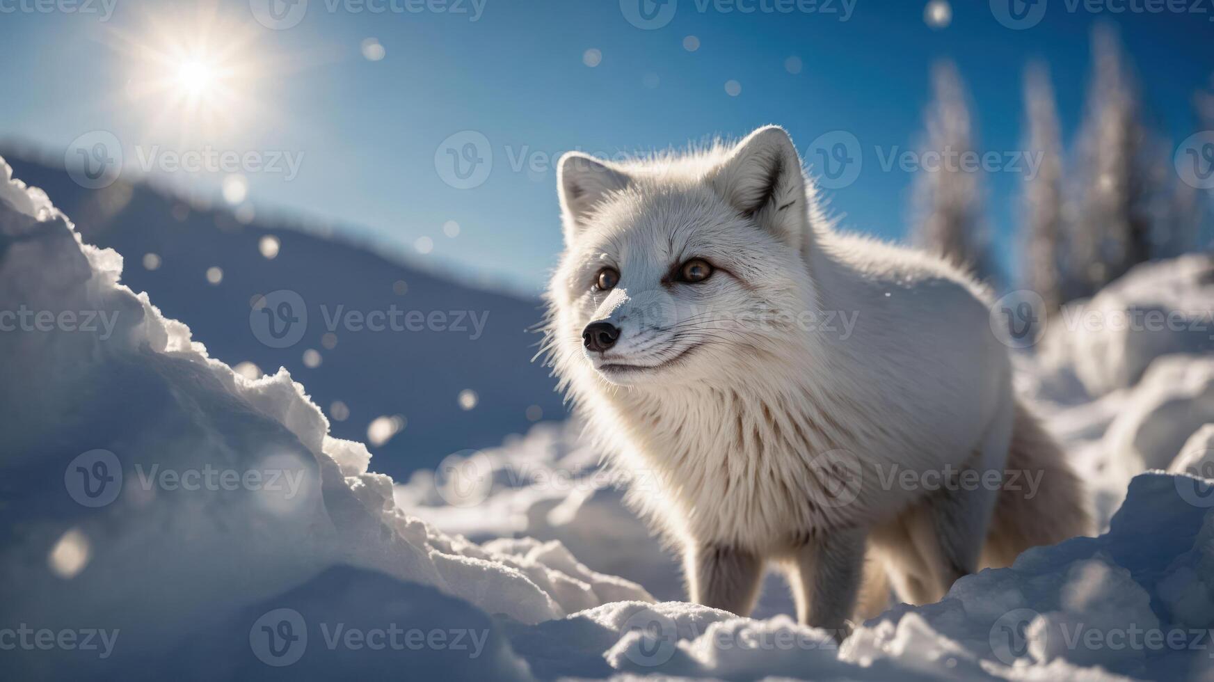 A majestic white fox stands in a snowy landscape, illuminated by bright sunlight. photo