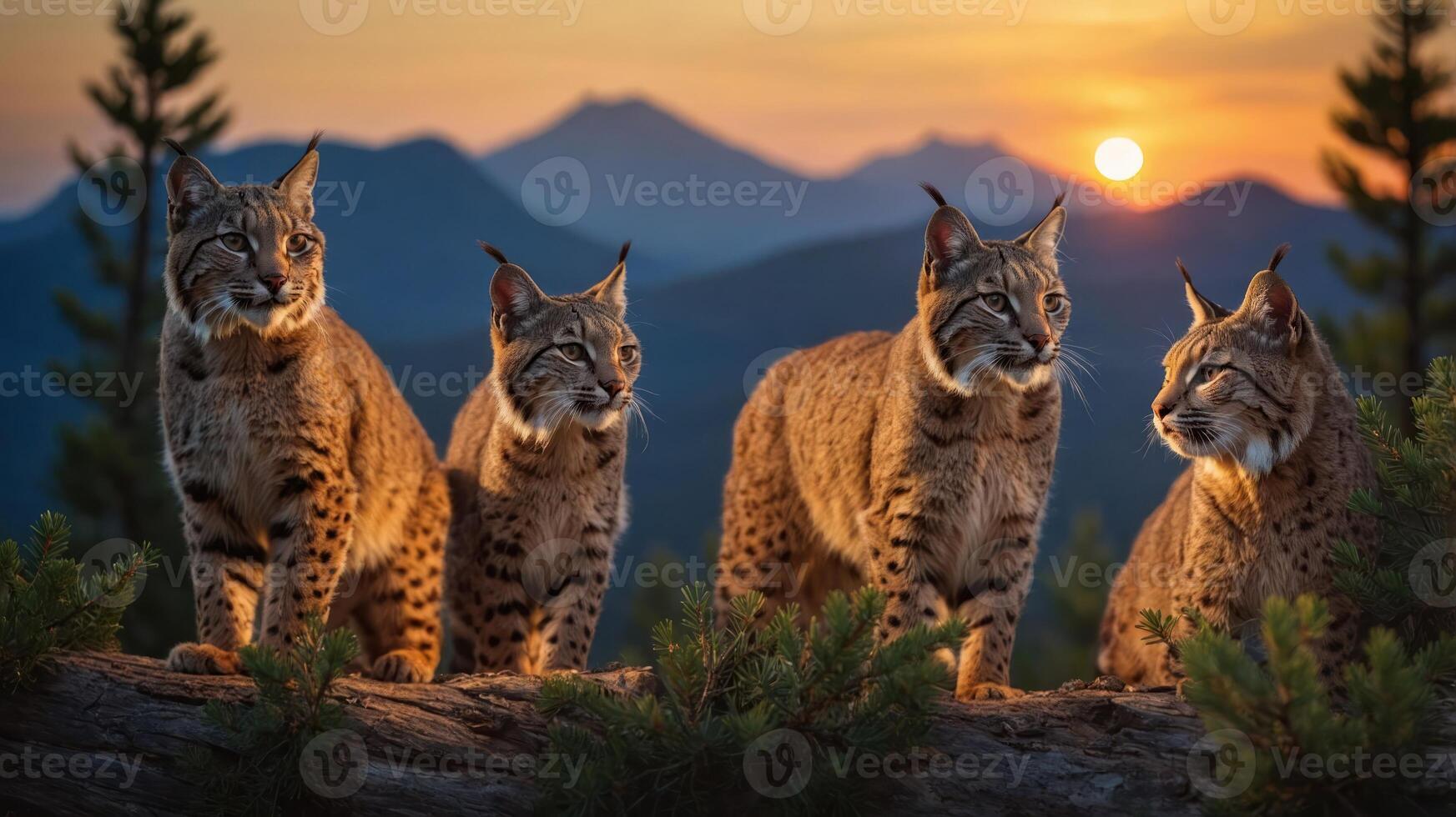Four lynxes perched on a log during sunset in a mountainous landscape. photo