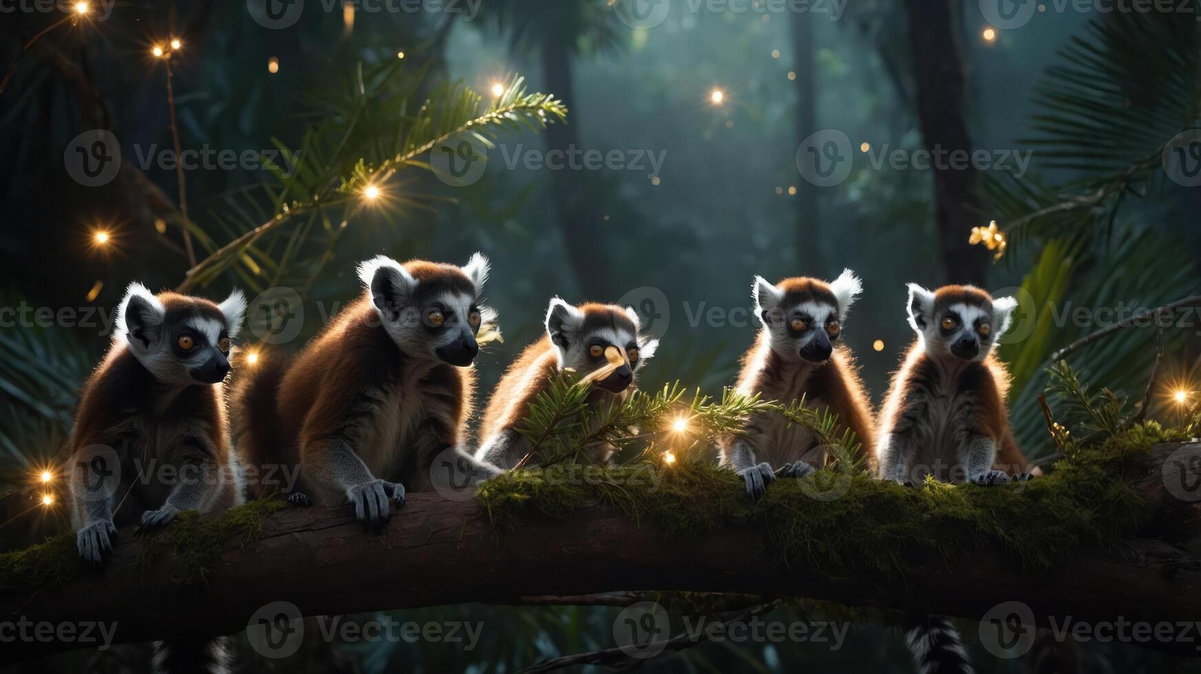 A group of lemurs perched on a branch in a mystical forest, surrounded by glowing lights. photo