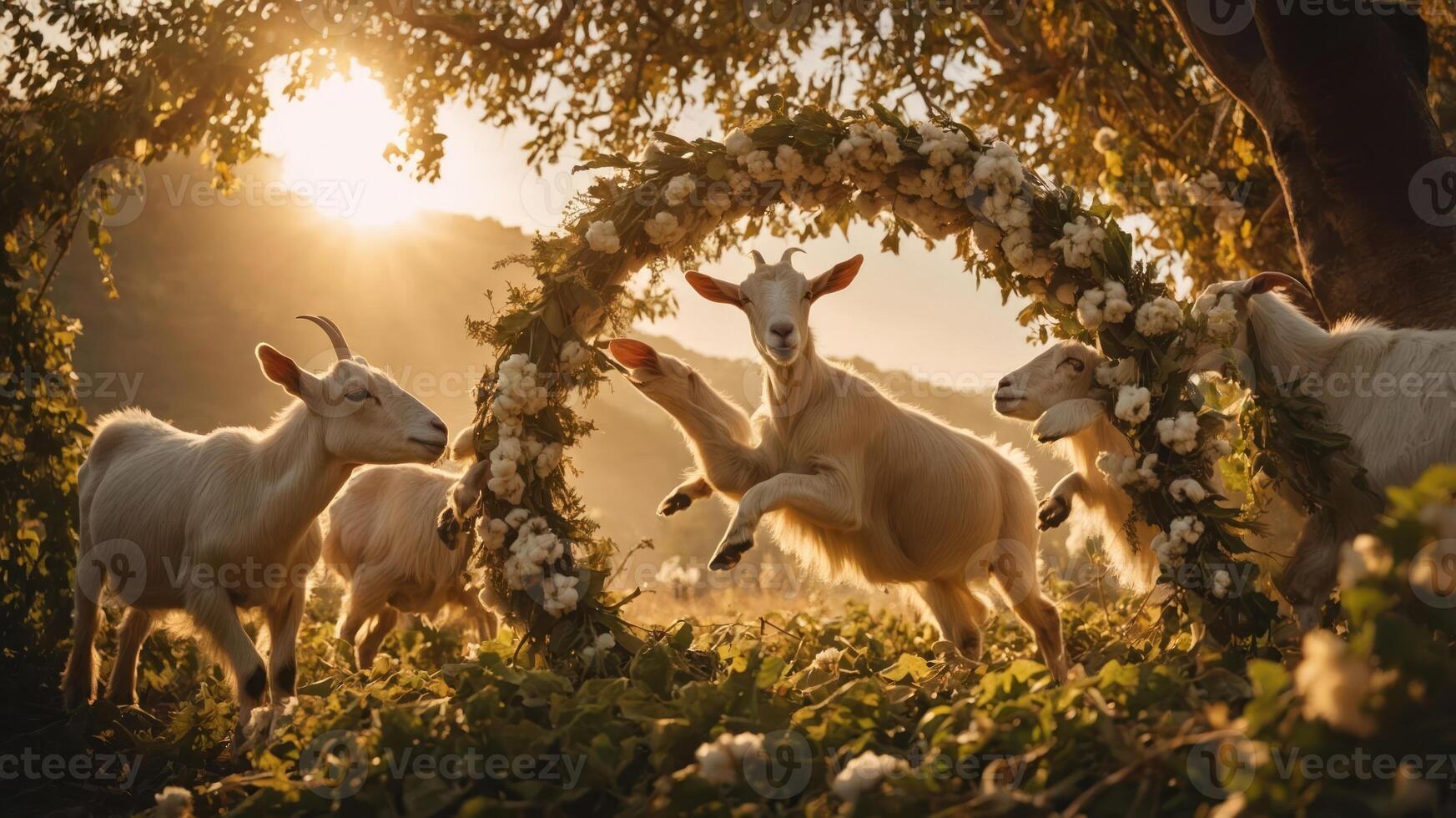 A playful scene of goats frolicking through a floral arch in a sunlit meadow. photo