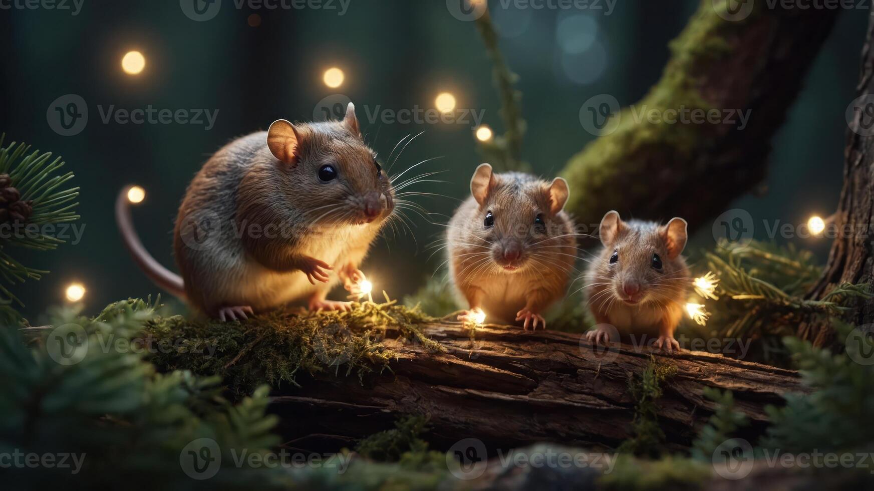 Three small mice amidst forest greenery and fairy lights, creating a whimsical scene. photo