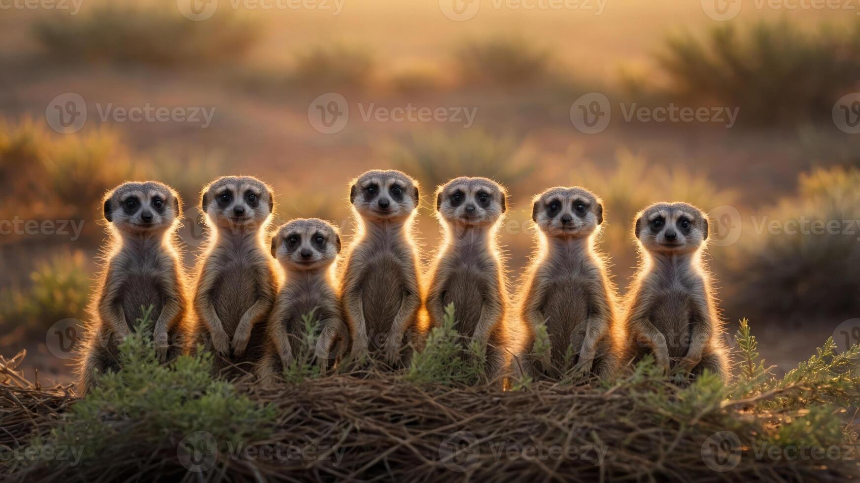 A group of meerkats stands together in a desert landscape during sunset. photo