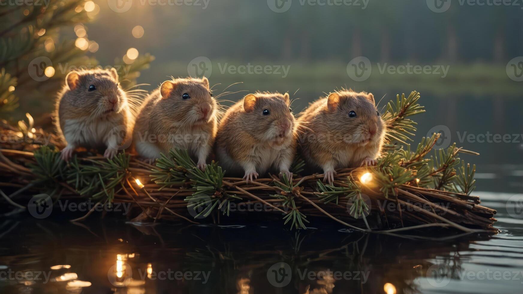 Four small rodents sitting on a natural raft by the water, surrounded by greenery and light. photo