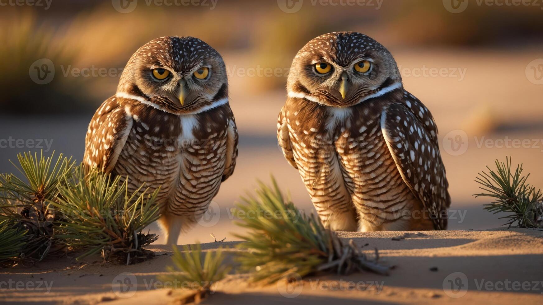 Two burrowing owls standing in a sandy environment with vegetation in the background. photo