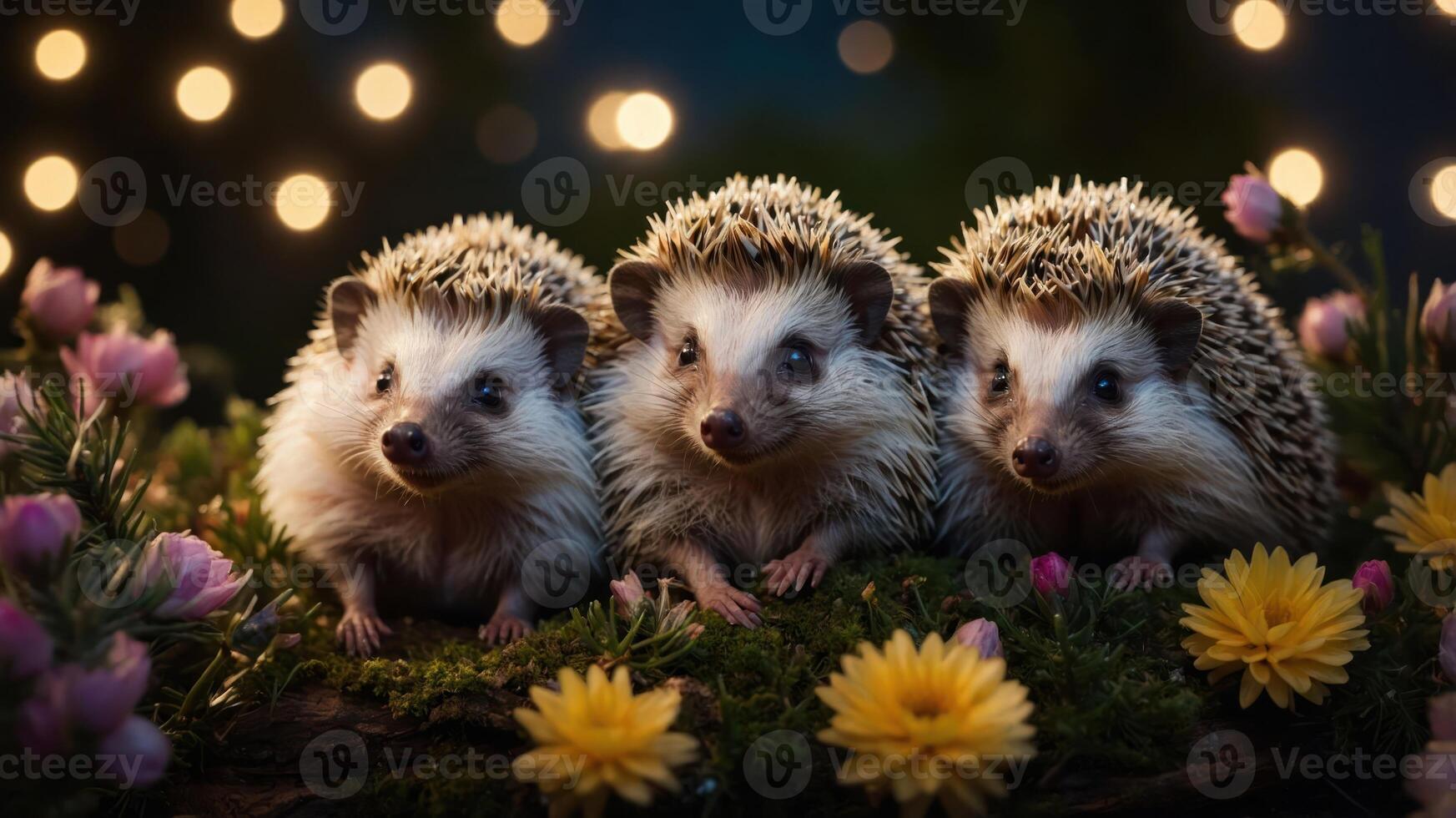 Three adorable hedgehogs surrounded by flowers and soft lights. photo
