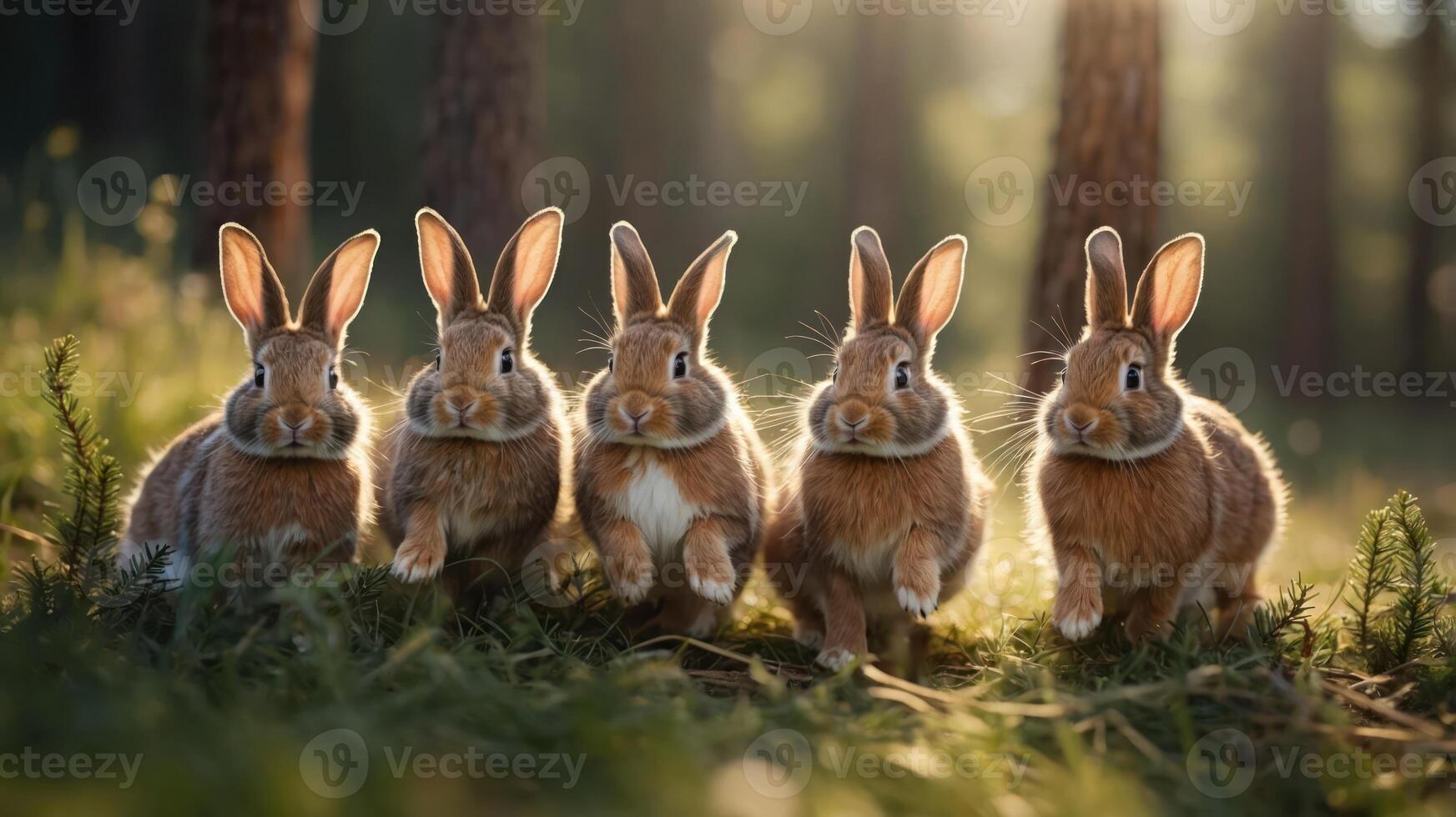 Five rabbits hopping together in a sunlit forest scene. photo