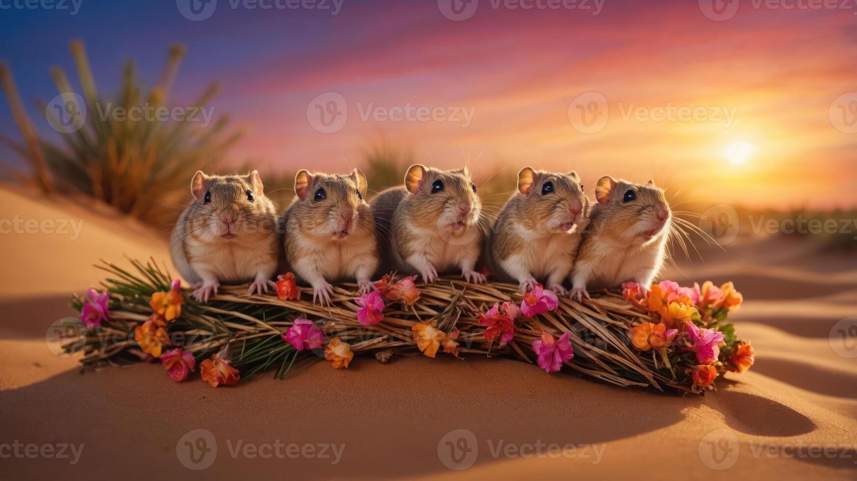 Five hamsters sitting on a floral arrangement against a colorful sunset in a desert. photo