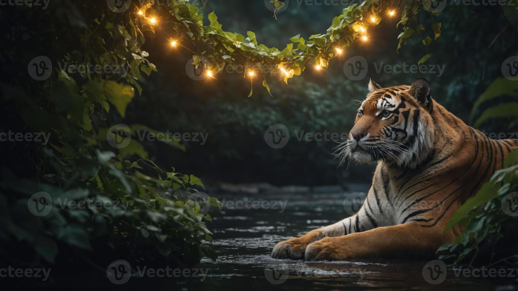 A serene tiger rests by a stream, surrounded by lush greenery and glowing lights. photo