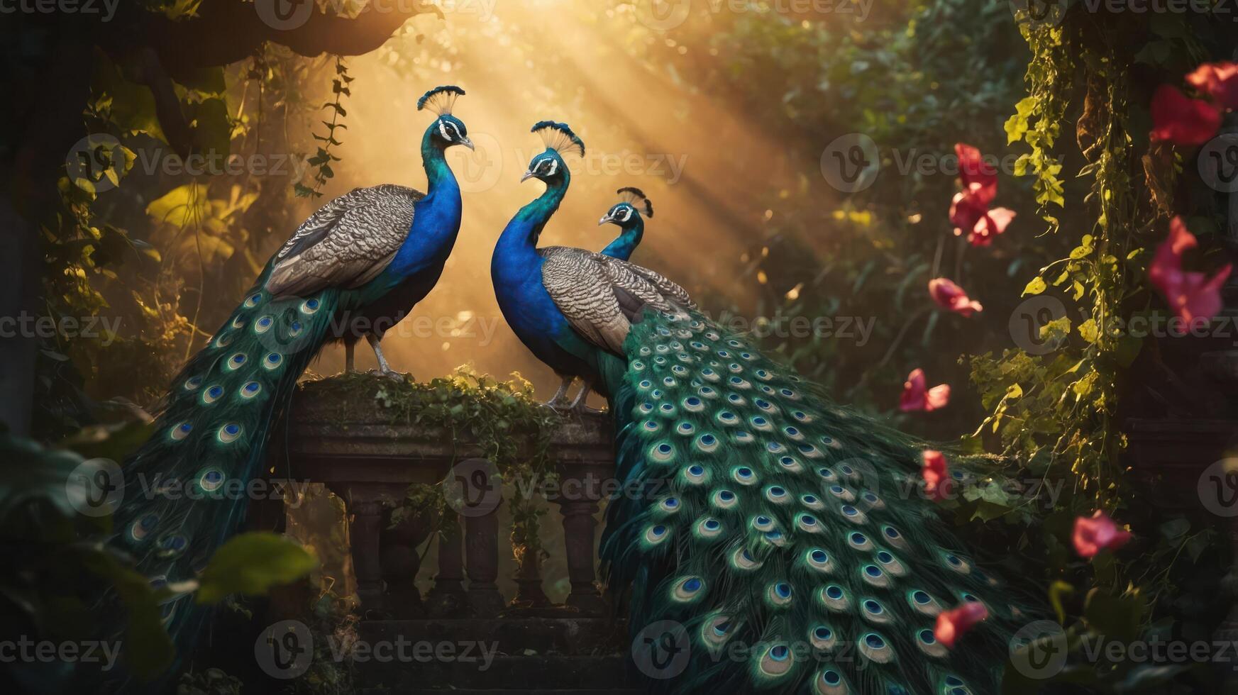 Three peacocks display their vibrant feathers in a sunlit, lush garden setting. photo