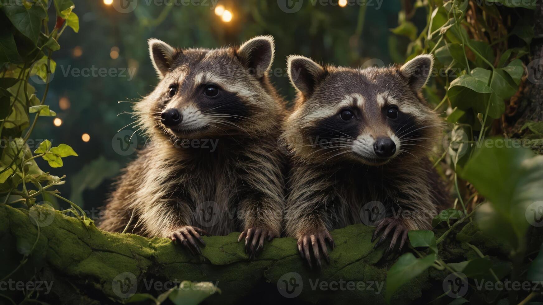 Two raccoons perched on a leafy branch in a whimsical, nature-inspired setting. photo