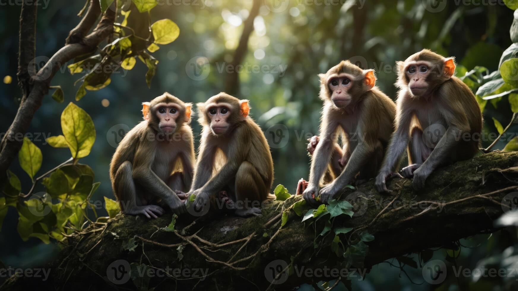 Four monkeys sitting on a tree branch in a lush forest, illuminated by soft sunlight. photo