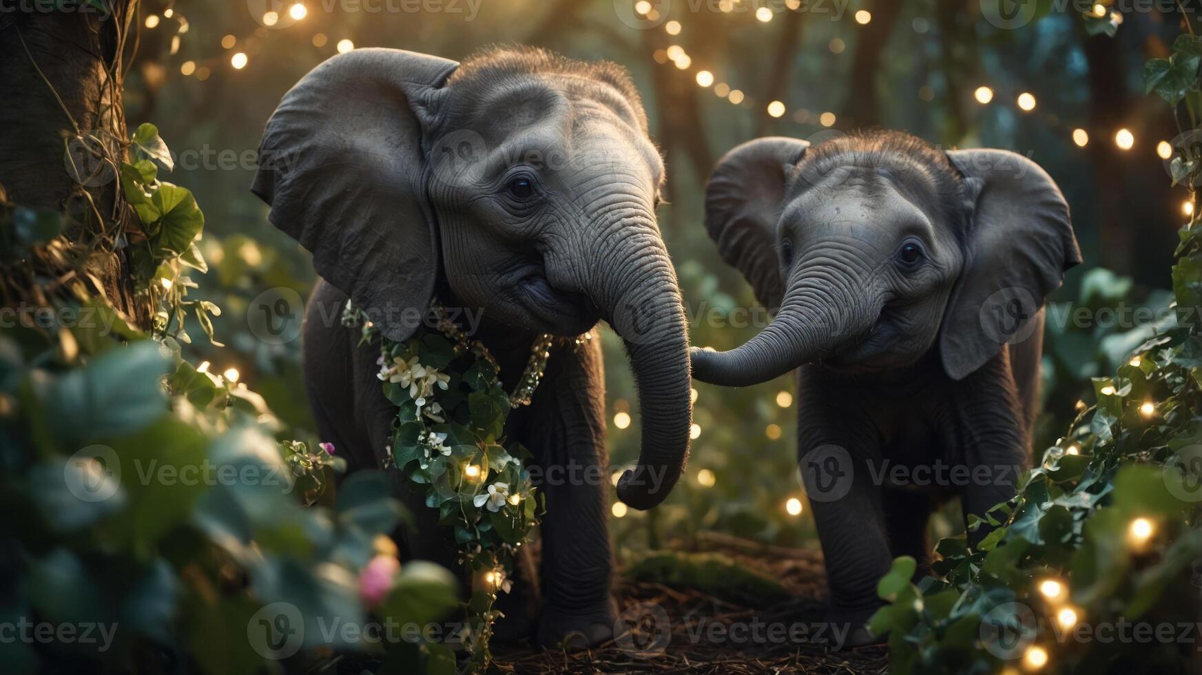 Two elephants playfully interact in a magical forest setting adorned with lights. photo