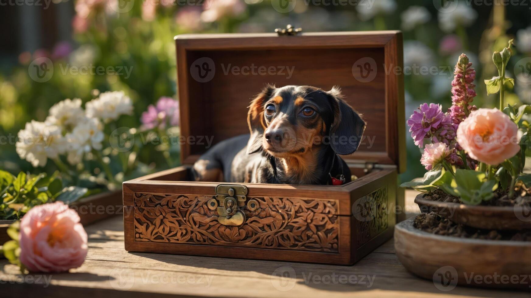 A dachshund rests in a decorative wooden box surrounded by colorful flowers. photo
