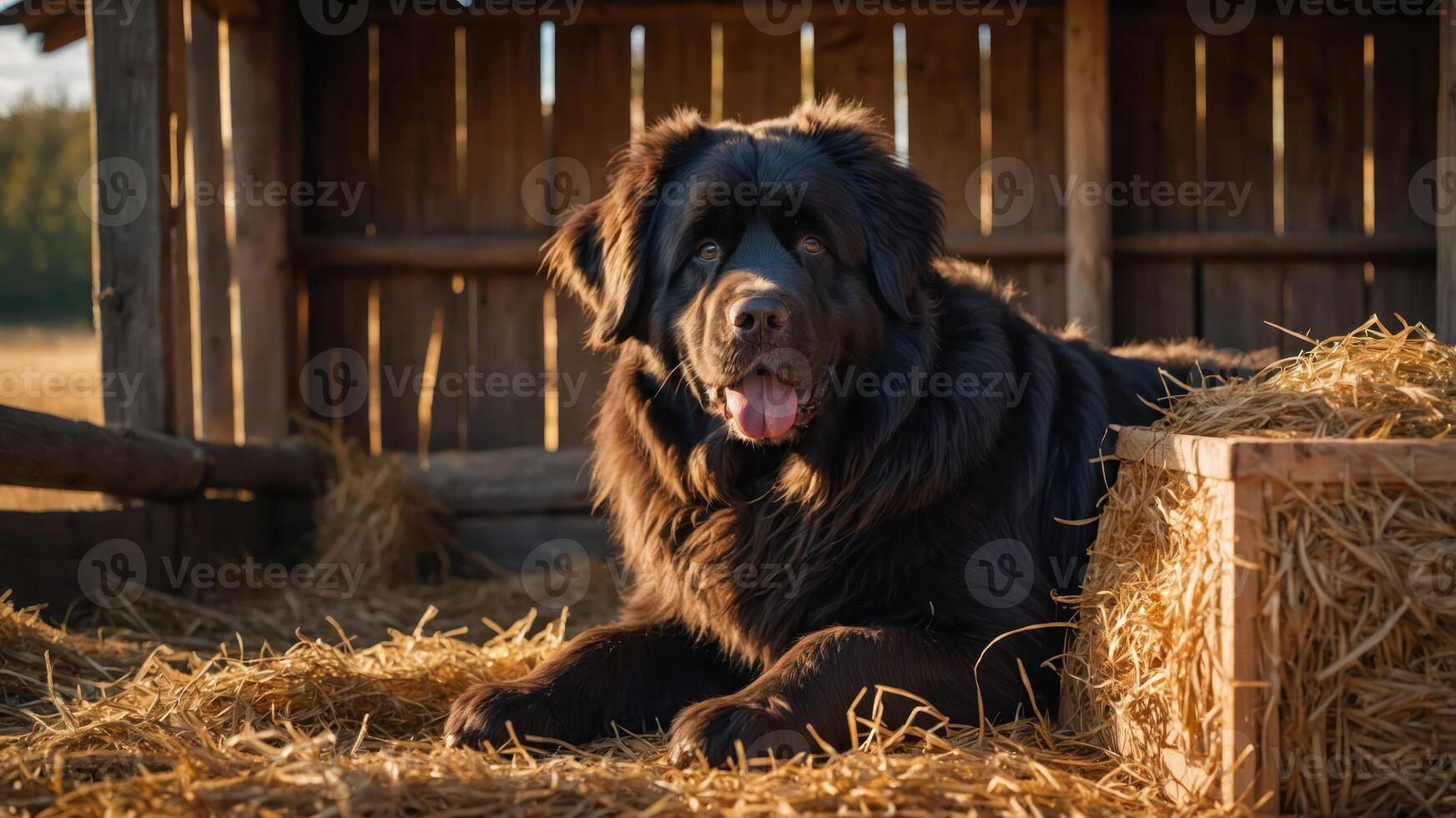 A large, fluffy dog resting on straw in a rustic barn setting. photo