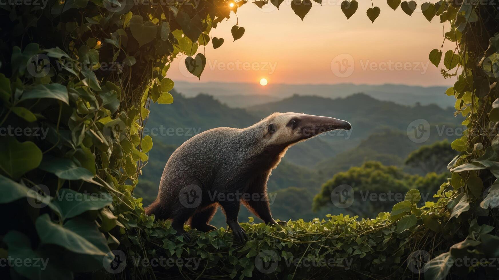A giant anteater stands in a lush, green landscape at sunset, framed by foliage. photo