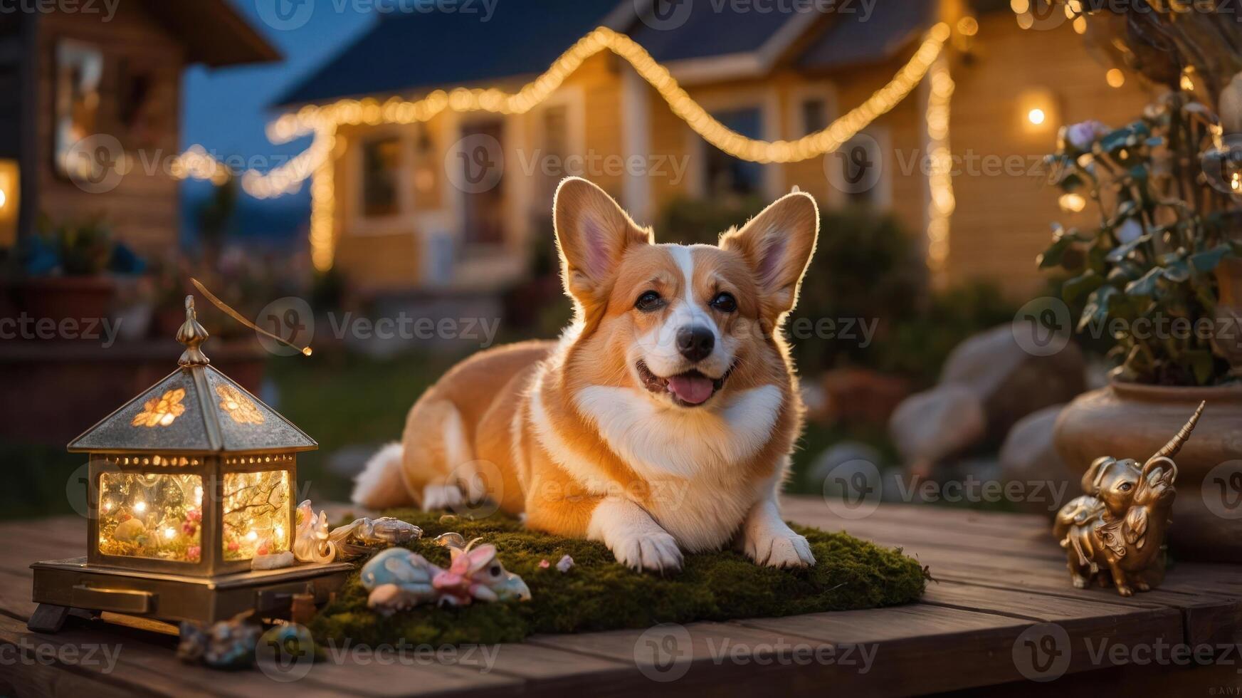 A cheerful corgi rests on moss beside a lantern, surrounded by a cozy, illuminated setting. photo