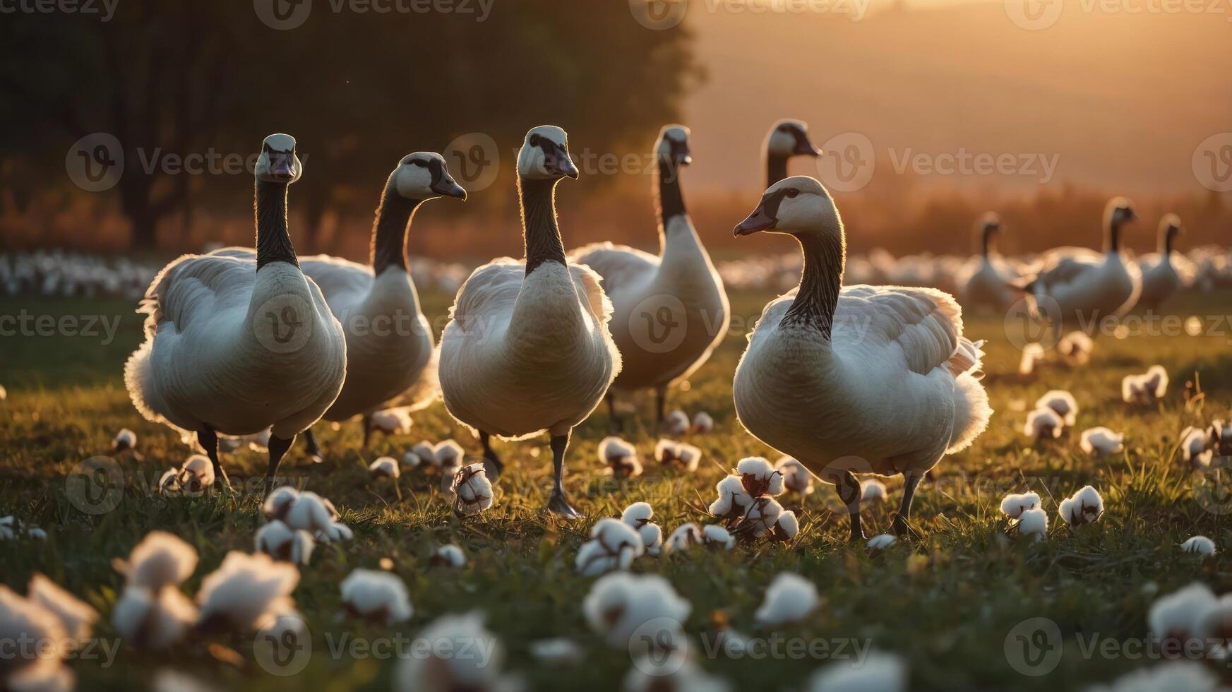 A serene scene of swans in a golden-lit field with cotton plants. photo