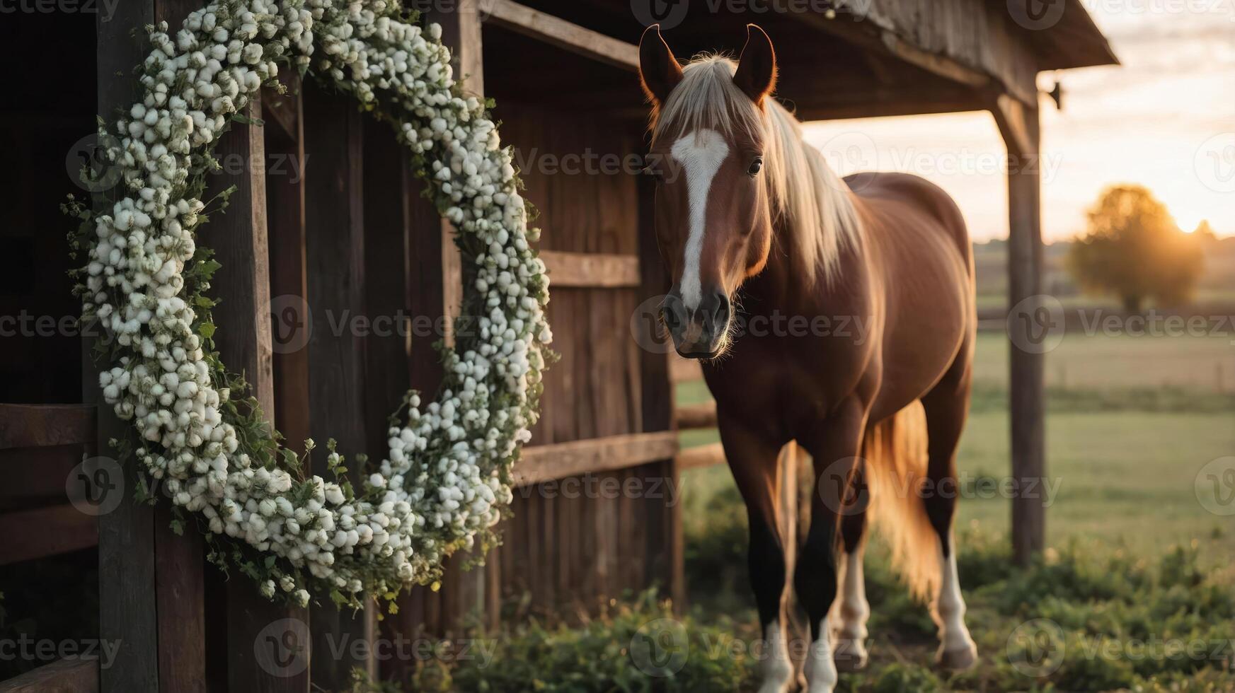 A horse stands near a floral wreath in a rustic barn setting at sunset. photo