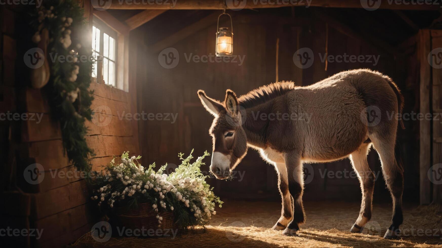 A donkey stands in a softly lit barn, surrounded by flowers and rustic decor. photo