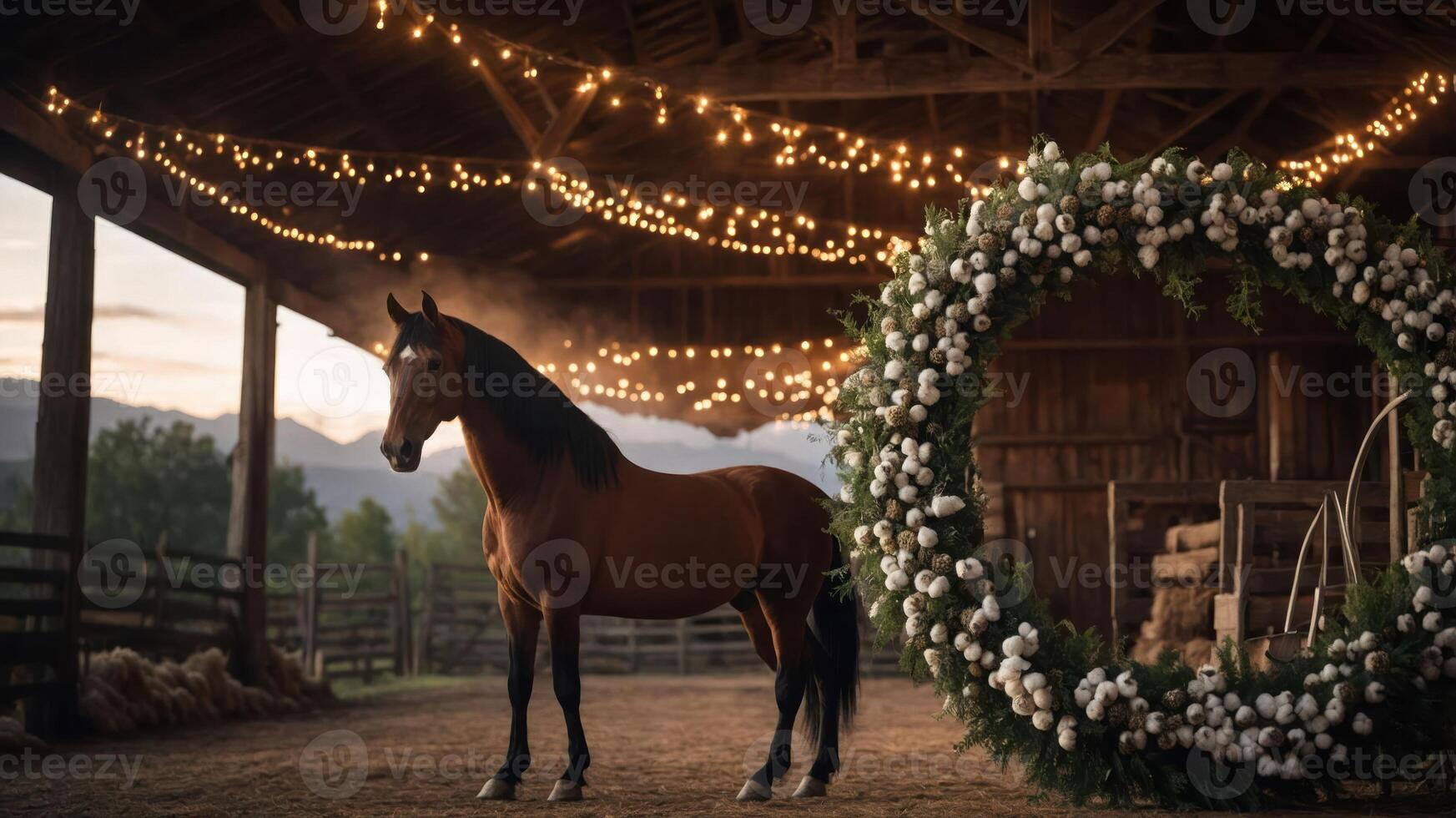 A horse stands in a rustic barn adorned with fairy lights and a floral wreath. photo