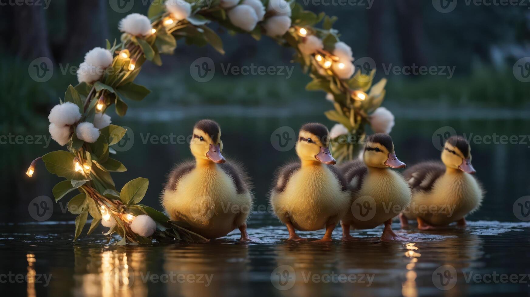 Four ducklings wade through water near a floral wreath adorned with lights. photo