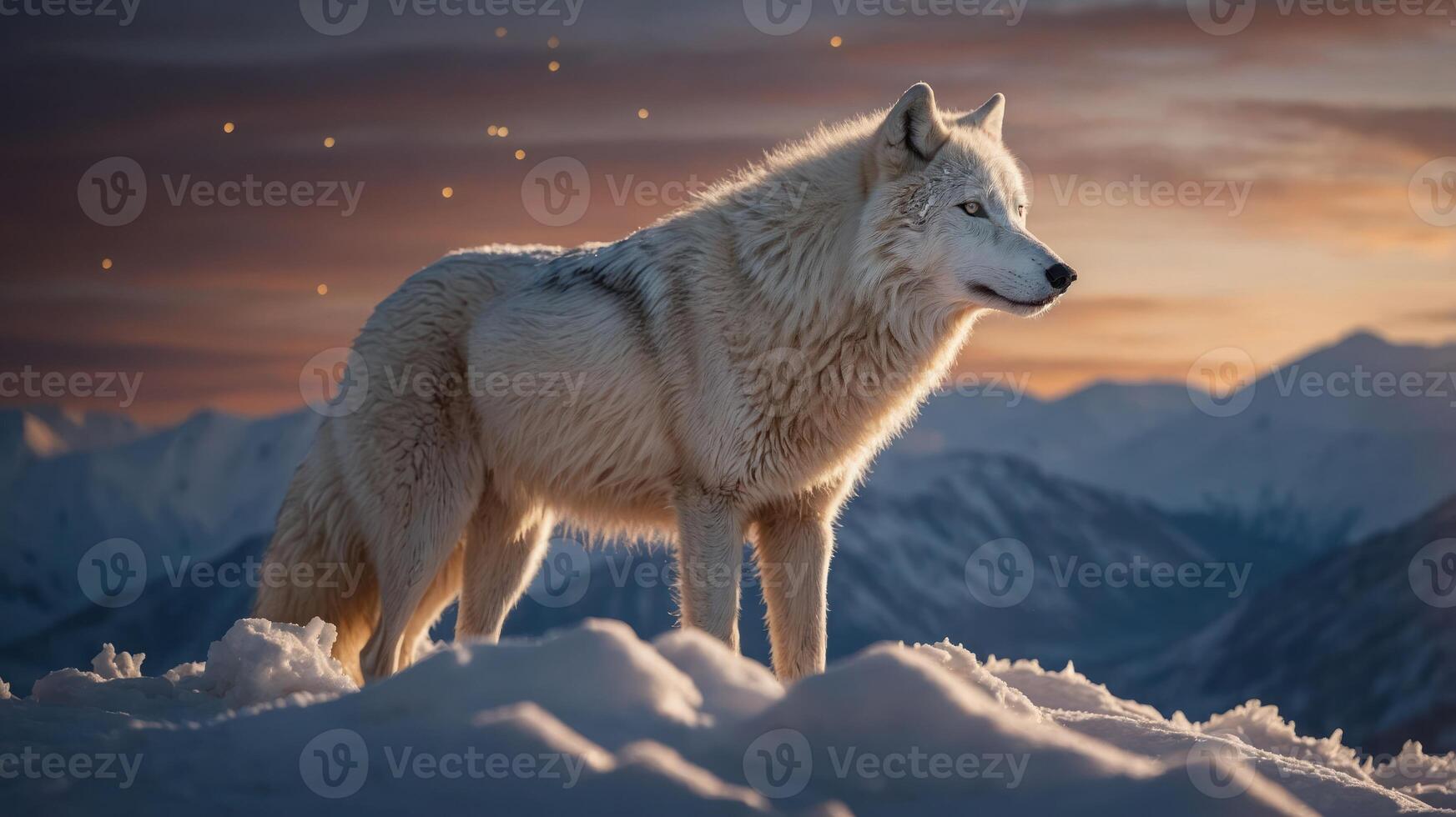 A majestic white wolf stands on snow, illuminated by a serene sunset in a mountainous landscape. photo