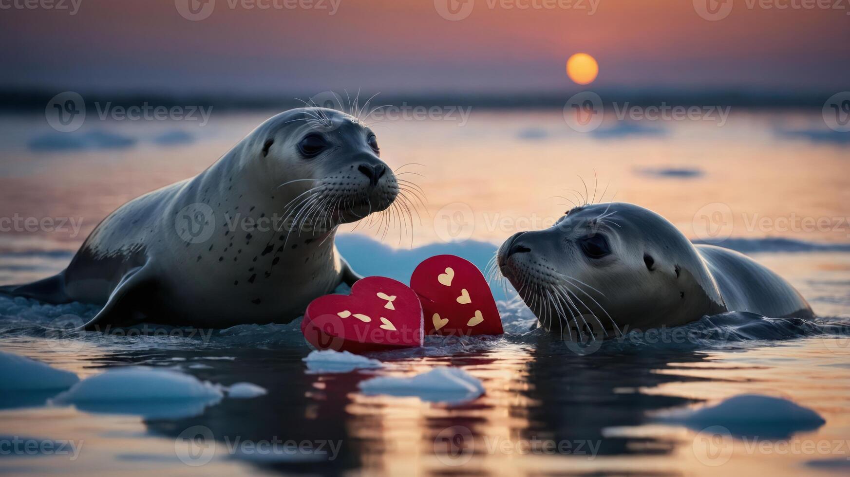Two seals in water with heart-shaped decorations at sunset, conveying love and affection. photo