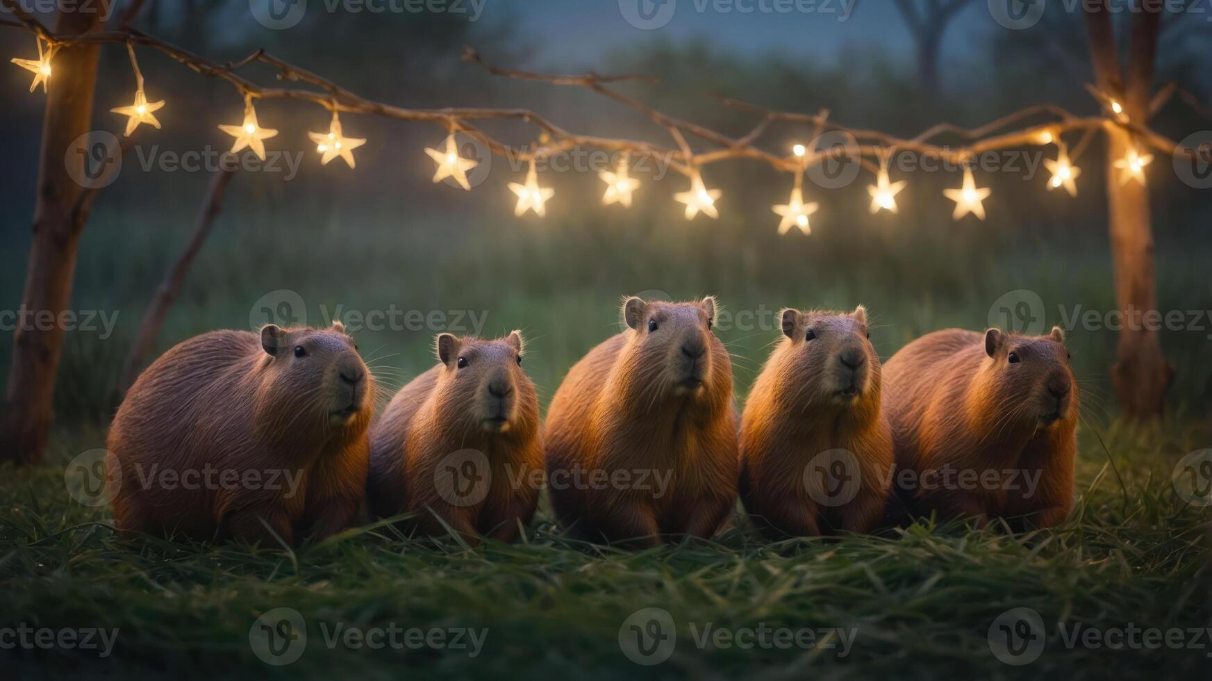 Five capybaras sitting on grass under twinkling star lights in a serene setting. photo