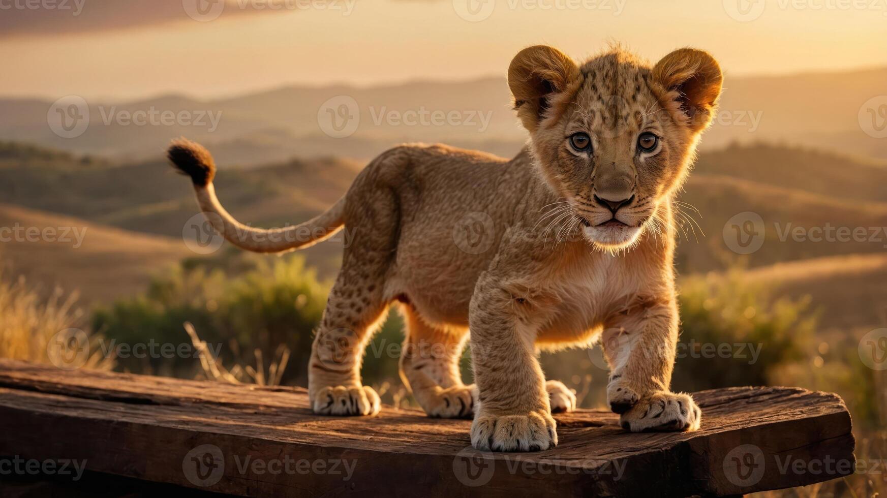 A young lion cub stands on a wooden surface against a scenic backdrop at sunset. photo