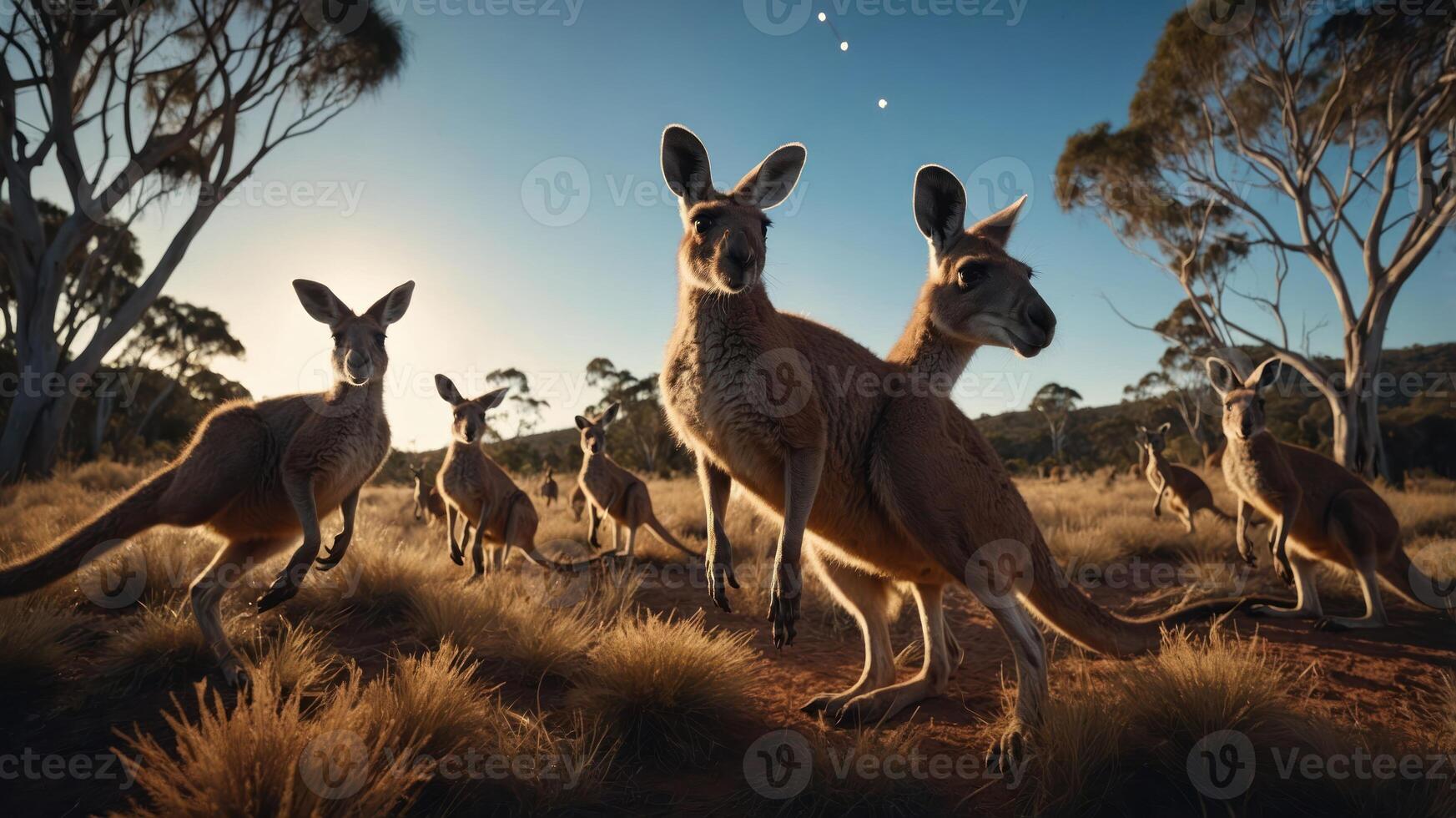 A group of kangaroos in a natural setting during sunset, showcasing wildlife in Australia. photo