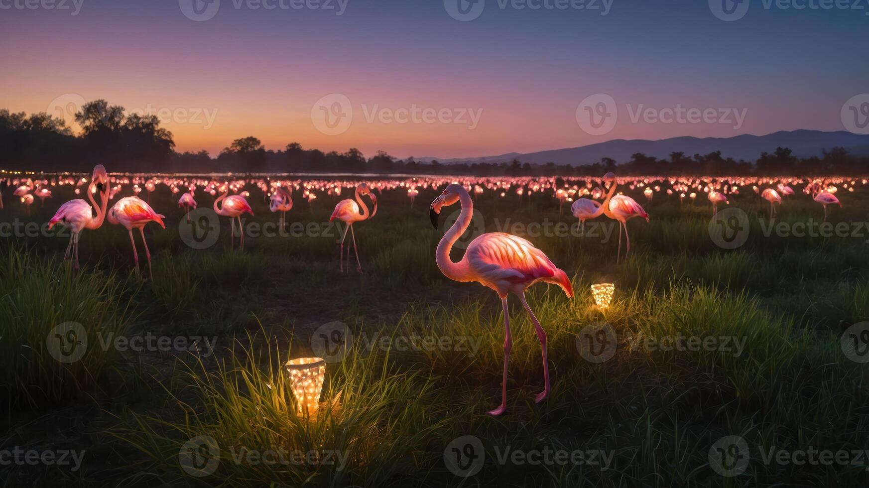 A serene sunset scene featuring flamingos in a field illuminated by lanterns. photo
