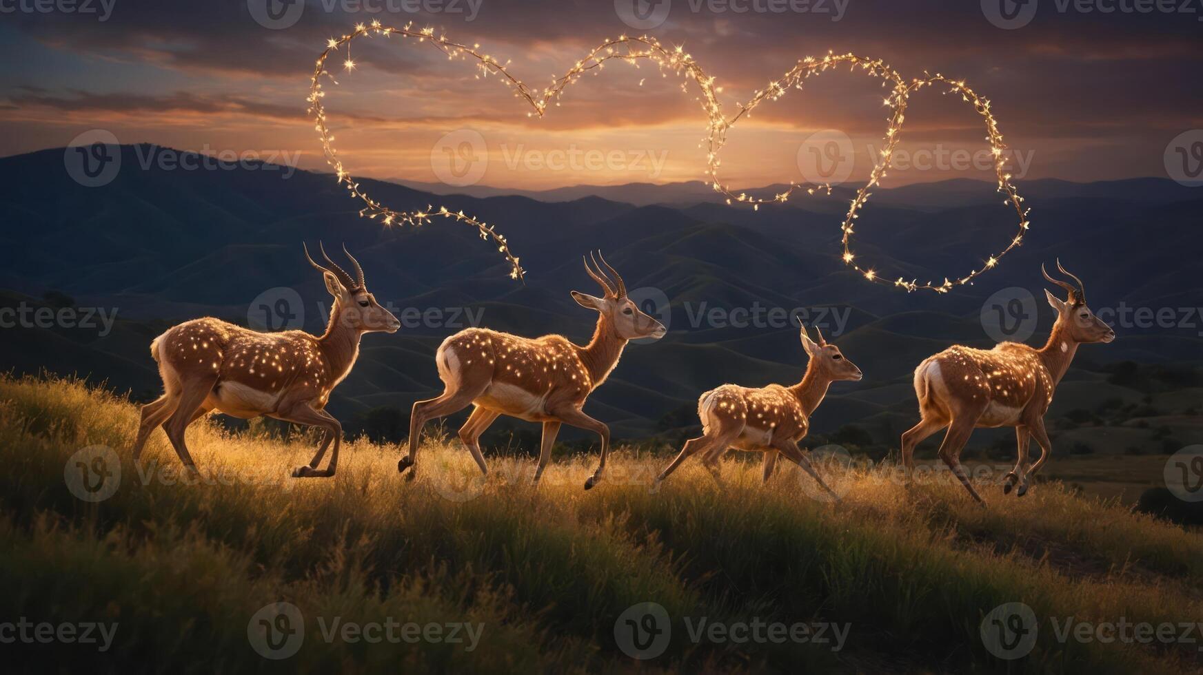 A serene scene of deer running through a landscape, illuminated by magical light trails. photo