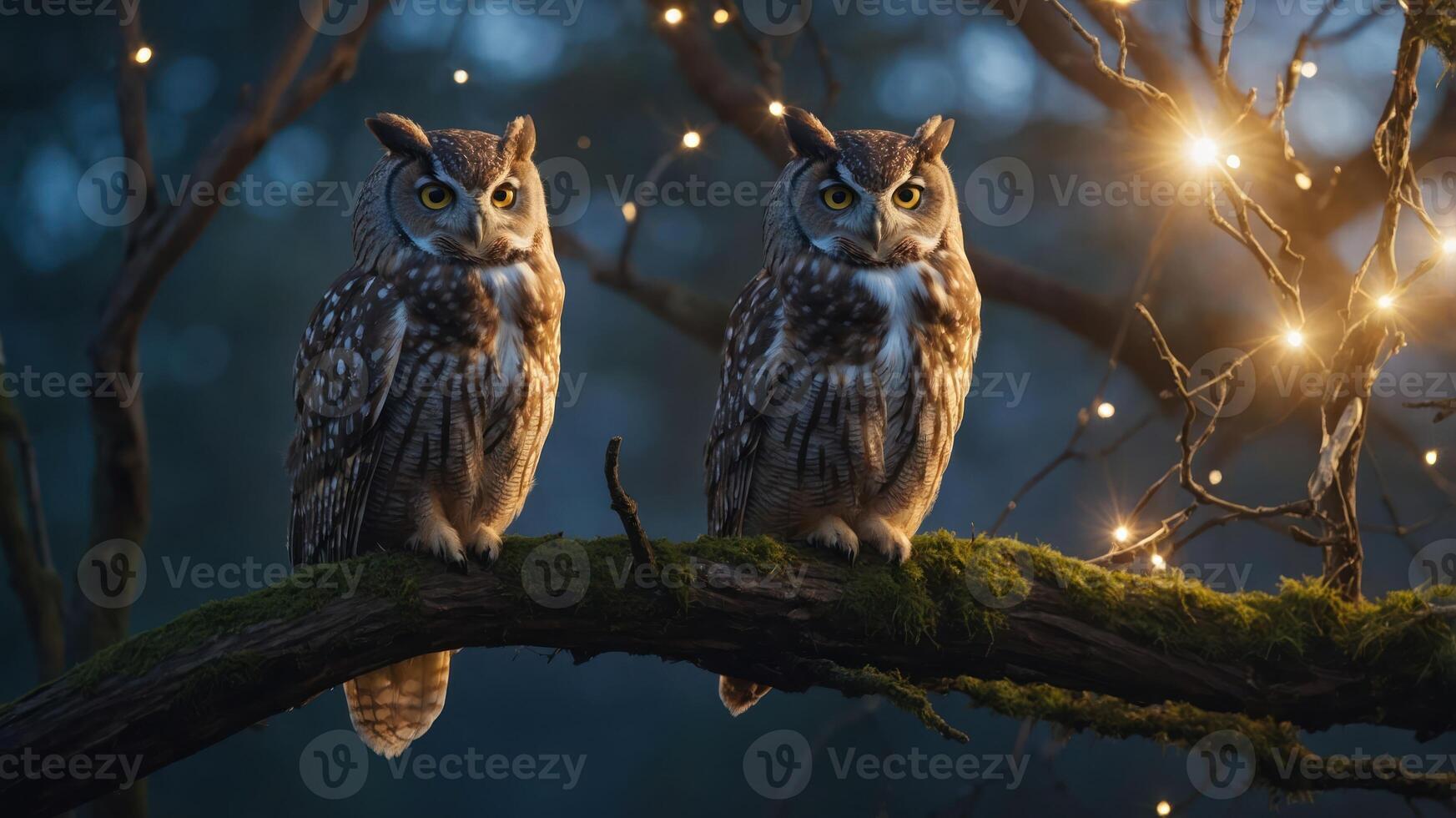 Two owls perched on a mossy branch, illuminated by soft lights in a serene forest setting. photo